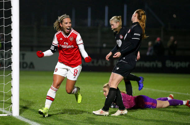 Jordan Nobbs of Arsenal Women celebrates after scoring her sides sixth goal during the FA Women's Continental League Cup game between Arsenal Women and Bristol City Women at Meadow Park on November 21, 2019 in Borehamwood, England. 