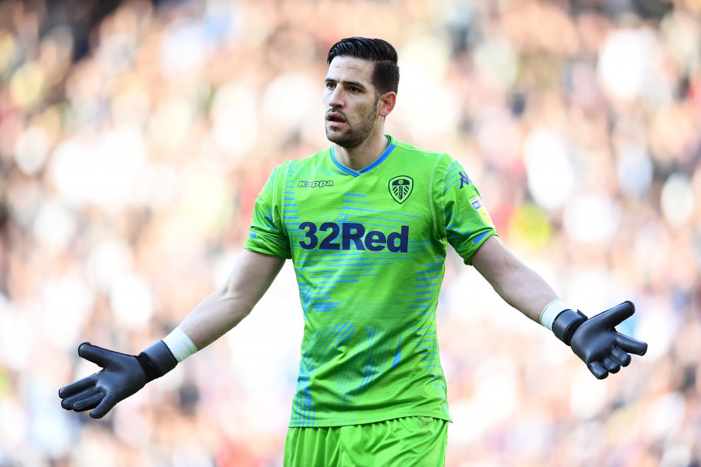 Kiko Casilla of Leeds United reacts during the Sky Bet Championship Play-off semi final first leg match between Derby County and Leeds United at Pride Park Stadium on May 11, 2019 in Derby, England. 