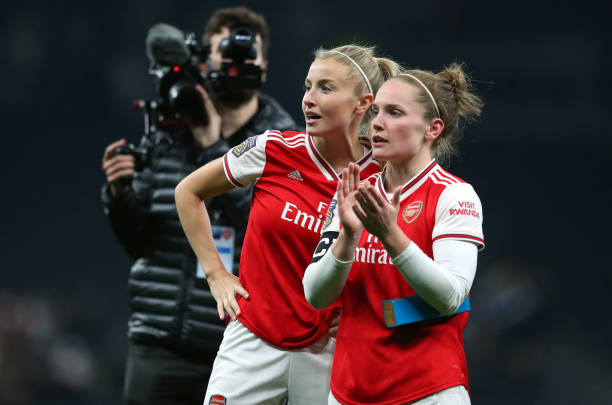LONDON, ENGLAND - NOVEMBER 17: Kim Little and Leah Williamson of Arsenal after the Barclays FA Women's Super League match between Tottenham Hotspur and Arsenal at Tottenham Hotspur Stadium on November 17, 2019 in London, United Kingdom. (Photo by Catherine Ivill/Getty Images)