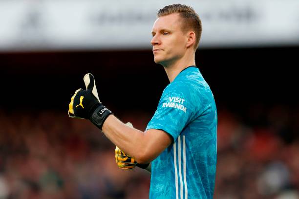 Arsenal's German goalkeeper Bernd Leno gestures during the English Premier League football match between Arsenal and Newcastle United at the Emirates Stadium in London on February 16, 2020.