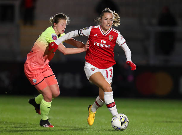 Lia Walti of Arsenal is challenged by Ellen White of Manchester City during the FA Women's Continental League Cup Semi-Final match between Arsenal Women and Manchester City Women at Meadow Park on January 29, 2020 in Borehamwood, England. 