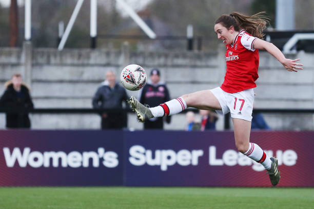 Lisa Evans of Arsenal scores her sides ninth goal during the Barclays FA Women's Super League match between Arsenal and Bristol City at Meadow Park on December 01, 2019 in Borehamwood, United Kingdom. 