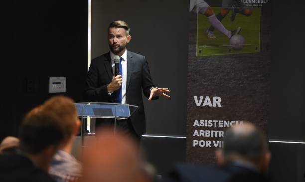 International Football Association Board (IFAB) Secretary, Lukas Brud, delivers a conference on the experience with the use of video assistant referee (VAR) during the FIFA World Cup Russia 2018, at the Conmebol headquarters in Luque, Paraguay on September 8, 2018. 