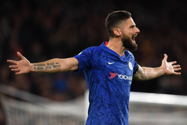 Chelsea's French striker Olivier Giroud gestures during the English Premier League football match between Chelsea and West Ham United at Stamford Bridge in London on November 30, 2019.