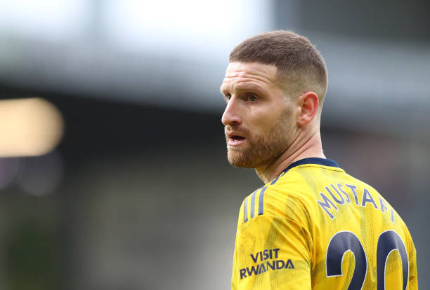 Shkodran Mustafi of Arsenal looks on during the Premier League match between Burnley FC and Arsenal FC at Turf Moor on February 02, 2020 in Burnley, United Kingdom.