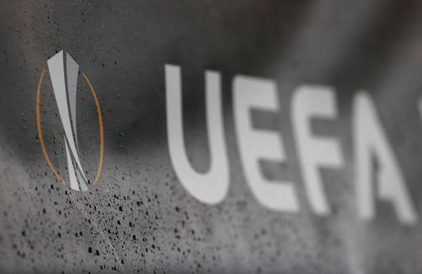 UEFA branding is seen prior to the UEFA Europa League round of 32 first leg match between Olympiacos FC and Arsenal FC at Karaiskakis Stadium on February 20, 2020 in Piraeus, Greece.