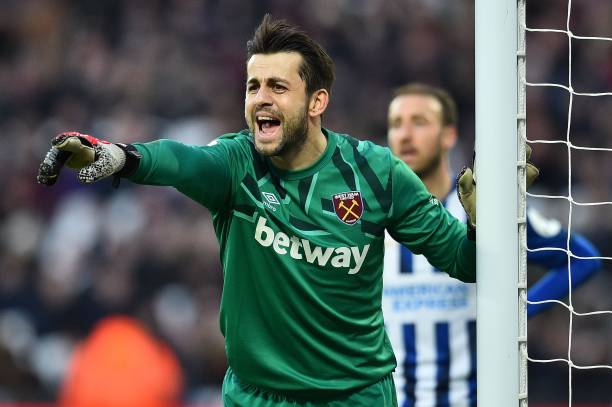 West Ham United's Polish goalkeeper Lukasz Fabianski reacts during the English Premier League football match between West Ham United and Brighton and Hove Albion at The London Stadium, in east London on February 1, 2020.