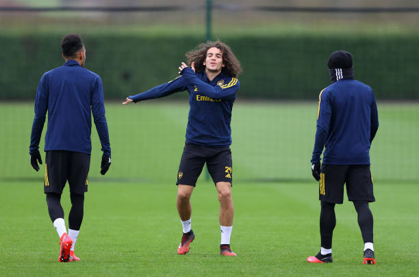 ST ALBANS, ENGLAND - FEBRUARY 19: Matteo Guendouzi of Arsenal warms up during a Arsenal Training Session at London Colney on February 19, 2020 in St Albans, England. (Photo by Richard Heathcote/Getty Images)