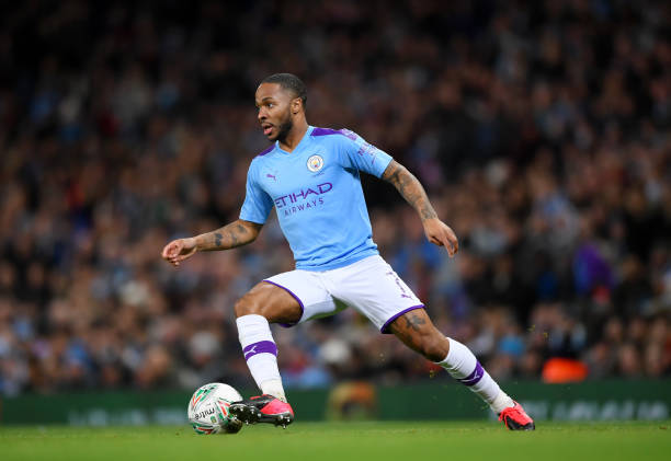 MANCHESTER, ENGLAND - JANUARY 29: Raheem Sterling of Manchester City runs with the ball during the Carabao Cup Semi Final match between Manchester City and Manchester United at Etihad Stadium on January 29, 2020 in Manchester, England. (Photo by Laurence Griffiths/Getty Images)