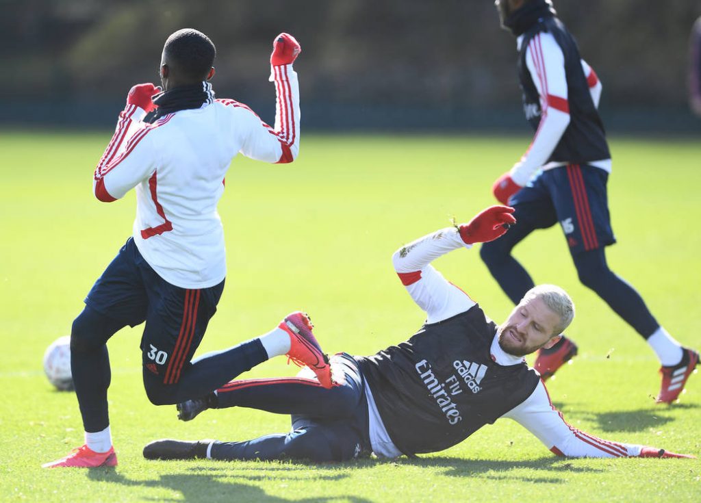 ST ALBANS, ENGLAND - MARCH 01: Shkodran Mustafi of Arsenal during a training session at London Colney on March 01, 2020 in St Albans, England. (Photo by Stuart MacFarlane/Arsenal FC via Getty Images)