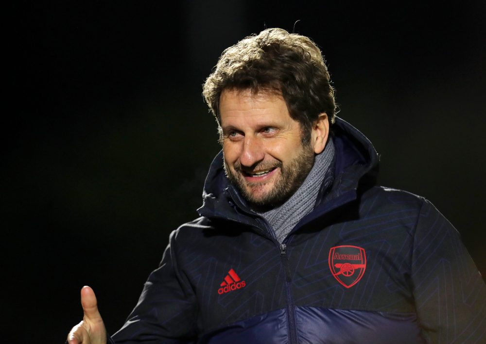 Joe Montemurro, Manager of Arsenal looks on prior to the FA Women's Continental League Cup Quarter Final match between Arsenal Women and Reading Women at Meadow Park on January 15, 2020 in Borehamwood, England.