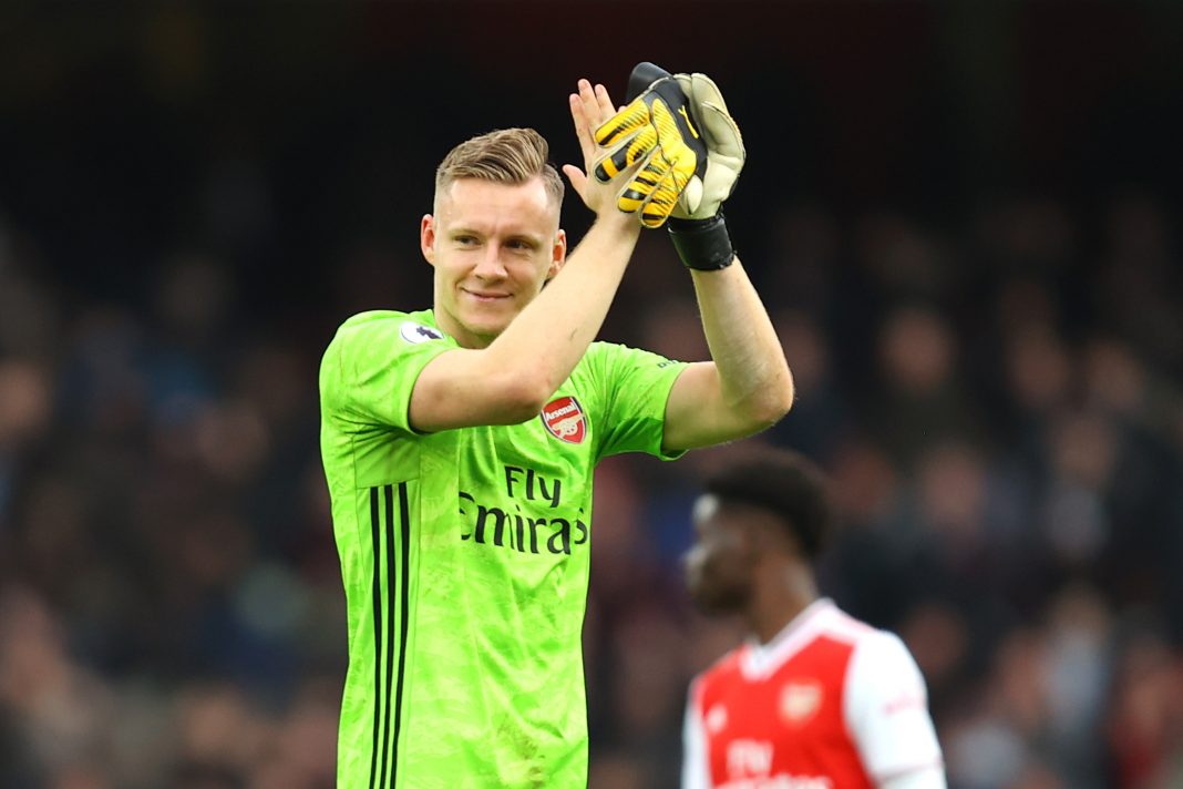 Bernd Leno of Arsenal applauds fans following his sides victory in the Premier League match between Arsenal FC and West Ham United at Emirates Stadium on March 07, 2020 in London, United Kingdom.