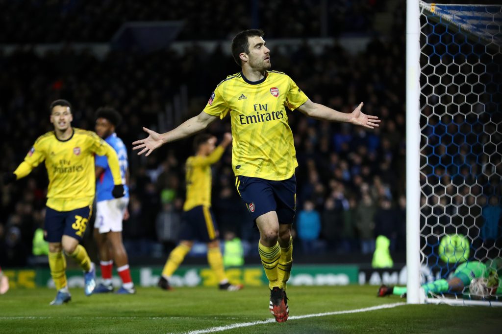 Sokratis Papastathopoulos of Arsenal celebrates after scoring his team's first goal during the FA Cup Fifth Round match between Portsmouth FC and Arsenal FC at Fratton Park on March 02, 2020 in Portsmouth, England.