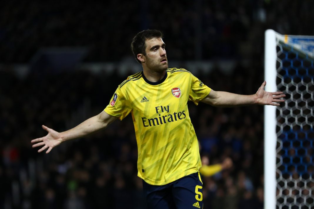 Sokratis Papastathopoulos of Arsenal celebrates after scoring his team's first goal during the FA Cup Fifth Round match between Portsmouth FC and Arsenal FC at Fratton Park on March 02, 2020 in Portsmouth, England.
