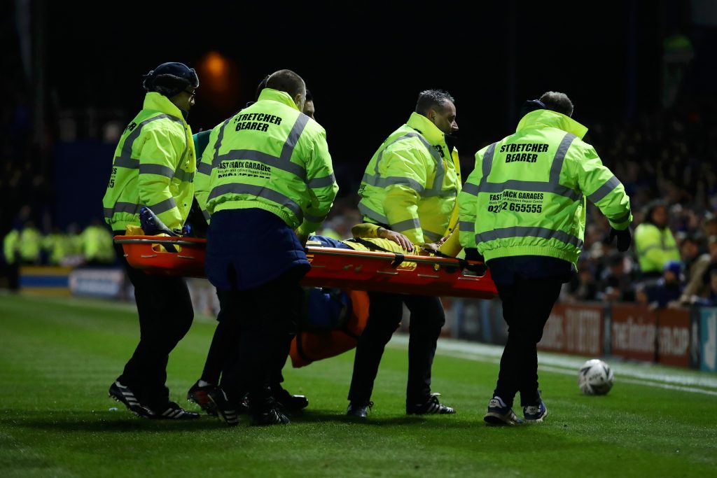 Lucas Torreira of Arsenal is stretchered off following an injury during the FA Cup Fifth Round match between Portsmouth FC and Arsenal FC at Fratton Park on March 02, 2020 in Portsmouth, England.
