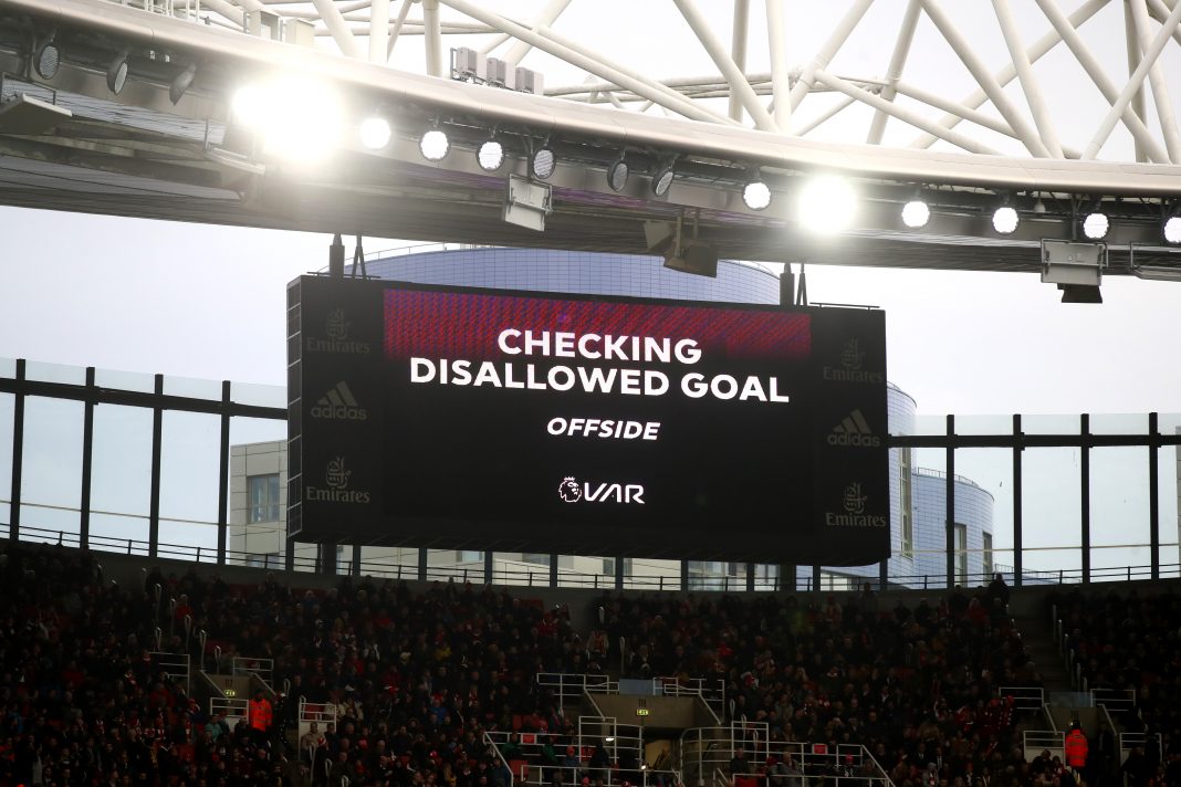 A message regarding a VAR review for disallowed goal is displayed on the LED screen in the stadium during the Premier League match between Arsenal FC and West Ham United at Emirates Stadium on March 07, 2020 in London, United Kingdom.