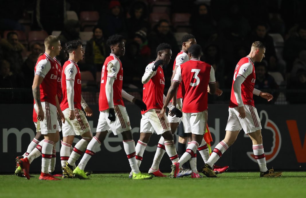 BOREHAMWOOD, ENGLAND - MARCH 03: Folarin Balogun of Arsenal FC celebrates with his team mates after scoring his sides fourth goal during the Premier League International Cup match between Arsenal FC and AS Monaco FC at Meadow Park on March 03, 2020, in Borehamwood, England. (Photo by James Chance/Getty Images)