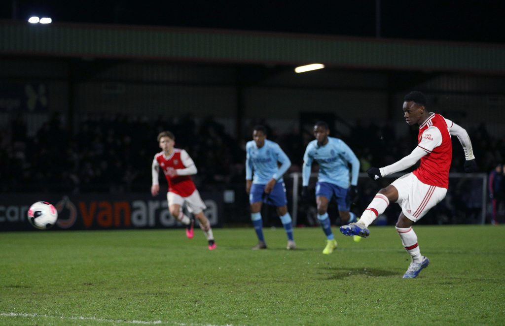 BOREHAMWOOD, ENGLAND - MARCH 03: Folarin Balogun of Arsenal FC scores his sides third goal from the penalty spot during the Premier League International Cup match between Arsenal FC and AS Monaco FC at Meadow Park on March 03, 2020, in Borehamwood, England. (Photo by James Chance/Getty Images)
