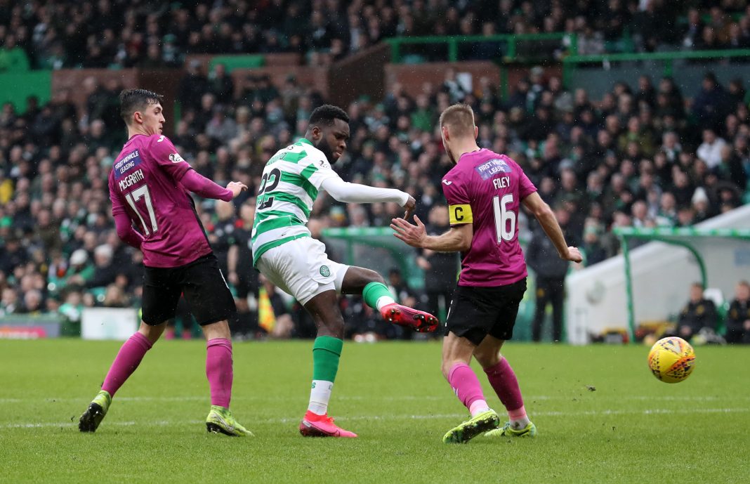 GLASGOW, SCOTLAND - MARCH 07: Odsonne Edouard of Celtic scores his team's third goal during the Ladbrokes Premiership match between Celtic and St. Mirren at Celtic Park on March 07, 2020, in Glasgow, Scotland. (Photo by Ian MacNicol/Getty Images)