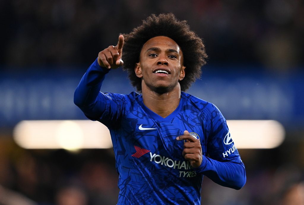 LONDON, ENGLAND - MARCH 03: Willian of Chelsea celebrates after scoring his sides first goal during the FA Cup Fifth Round match between Chelsea FC and Liverpool FC at Stamford Bridge on March 03, 2020, in London, England. (Photo by Clive Mason/Getty Images)
