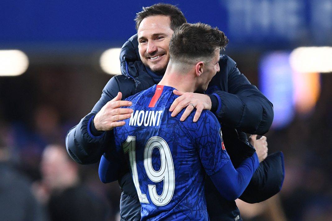 Chelsea's English head coach Frank Lampard (L) congratulates Chelsea's English midfielder Mason Mount after the English FA Cup fifth round football match between Chelsea and Liverpool at Stamford Bridge in London on March 3, 2020. - Chelsea won the match 2-0. (Photo by DANIEL LEAL-OLIVAS / AFP) / RESTRICTED TO EDITORIAL USE. No use with unauthorized audio, video, data, fixture lists, club/league logos or 'live' services. Online in-match use limited to 120 images. An additional 40 images may be used in extra time. No video emulation. Social media in-match use limited to 120 images. An additional 40 images may be used in extra time. No use in betting publications, games or single club/league/player publications. / (Photo by DANIEL LEAL-OLIVAS/AFP via Getty Images)