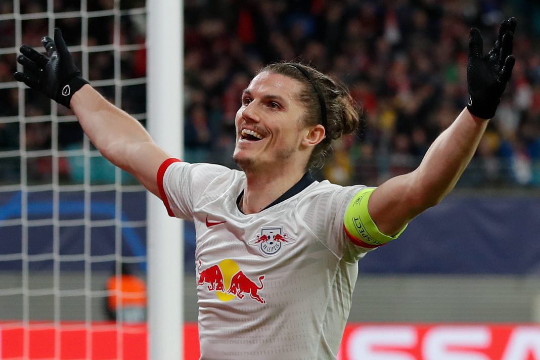 Leipzig's Austrian midfielder Marcel Sabitzer celebrates scoring the 2-0 during the UEFA Champions League football match between RB Leipzig and Tottenham Hotspur, in Leipzig, eastern Germany on March 10, 2020. (Photo by Odd ANDERSEN / AFP via Getty Images)