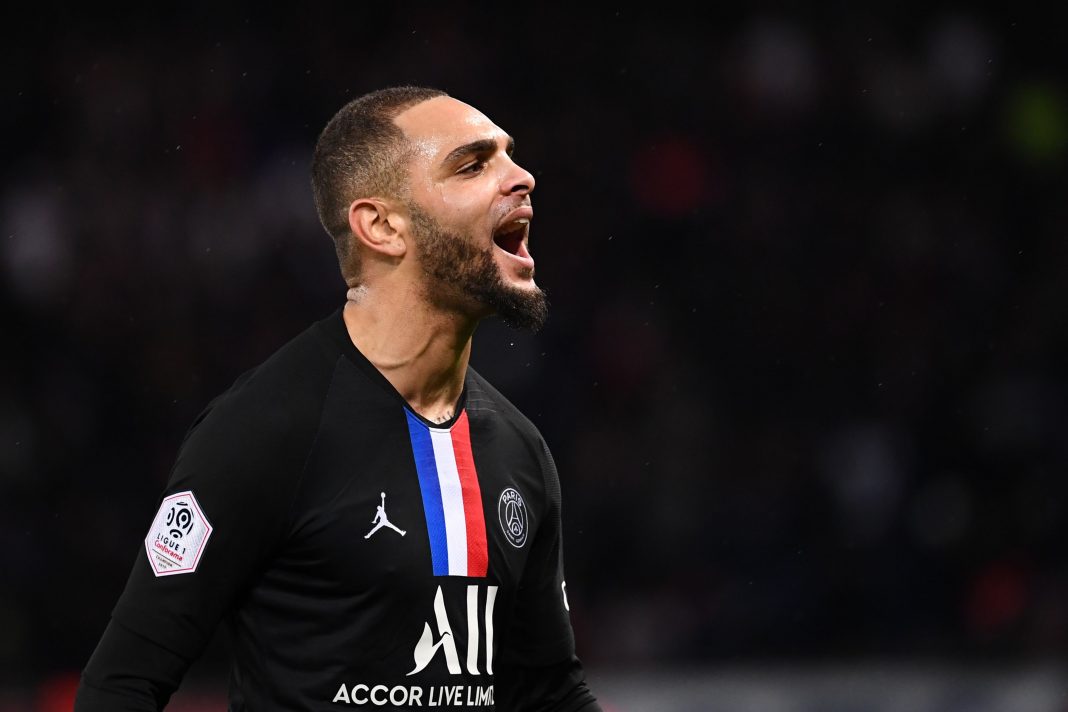 Paris Saint-Germain's French defender Layvin Kurzawa celebrates after scoring a goal during the French L1 football match between Paris Saint-Germain (PSG) and Montpellier Herault SC at the Parc des Princes stadium in Paris, on February 1, 2020. (Photo by FRANCK FIFE / AFP via Getty Images)