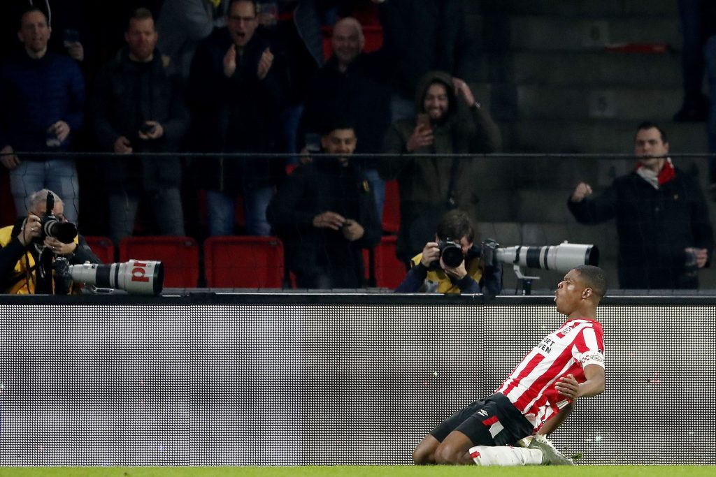 PSV's Denzel Dumfries celebrates after scoring a goal during the Dutch Eredivisie match PSV vs Willem II in Eindhoven, The Netherlands, on February 8, 2020. (Photo by Maurice van STEEN / ANP / AFP via Getty Images)