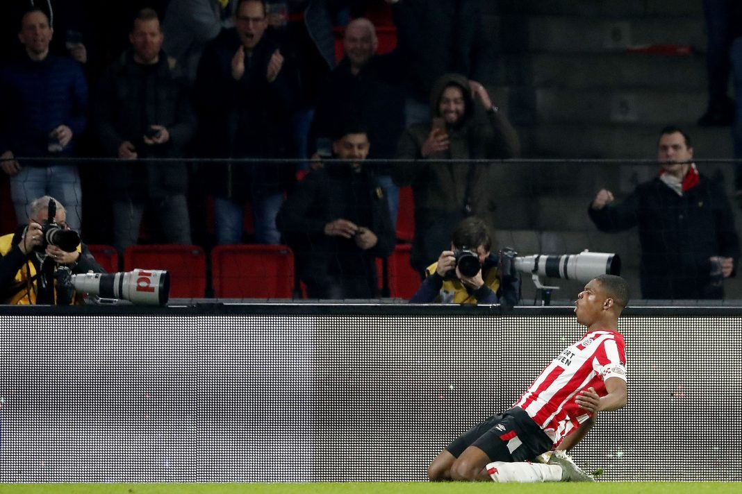 PSV's Denzel Dumfries celebrates after scoring a goal during the Dutch Eredivisie match PSV vs Willem II in Eindhoven, The Netherlands, on February 8, 2020. (Photo by Maurice van STEEN / ANP / AFP via Getty Images)