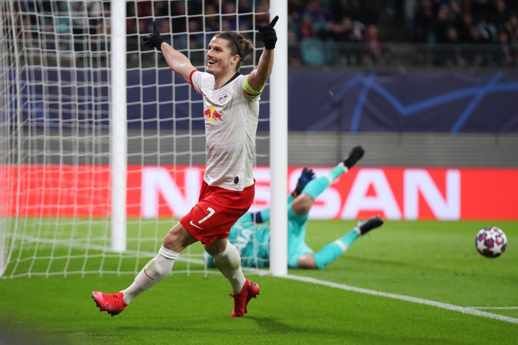 LEIPZIG, GERMANY - MARCH 10: Marcel Sabitzer of Leipzig celebrates his team's second goal during the UEFA Champions League round of 16 second leg match between RB Leipzig and Tottenham Hotspur at Red Bull Arena on March 10, 2020, in Leipzig, Germany. (Photo by Alex Grimm/Bongarts/Getty Images)
