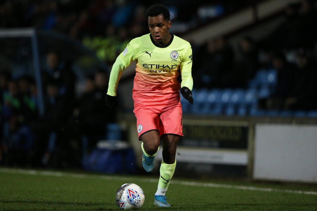 SCUNTHORPE, ENGLAND - JANUARY 08: Jayden Braaf of Manchester City on the ball during the Leasing.com Trophy third round tie between Scunthorpe United and Manchester City U21's at Glanford Park on January 08, 2020, in Scunthorpe, England. (Photo by Charlotte Tattersall/Getty Images)