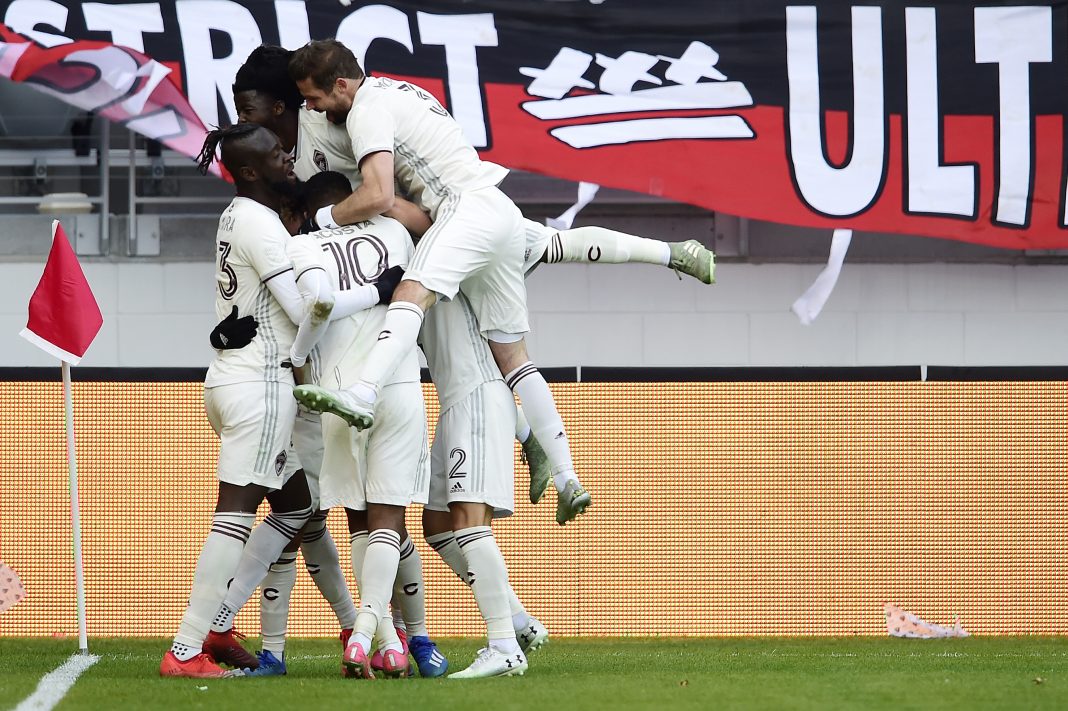 WASHINGTON, DC - FEBRUARY 29: Jonathan Lewis #7 of Colorado Rapids celebrates with his teammates after scoring the game winning goal against the D.C. United in the second half at Audi Field on February 29, 2020 in Washington, DC. (Photo by Patrick McDermott/Getty Images)