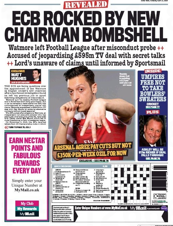 daily mail ozil pay cut back page