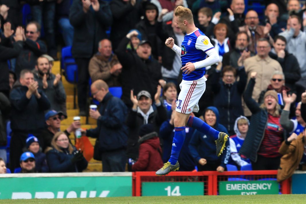 IPSWICH, ENGLAND - MAY 05: Flynn Downes of Ipswich Town celebrates scoring the opening goal during the Sky Bet Championship match between Ipswich Town and Leeds United at Portman Road on May 05, 2019 in Ipswich, England. (Photo by Stephen Pond/Getty Images)