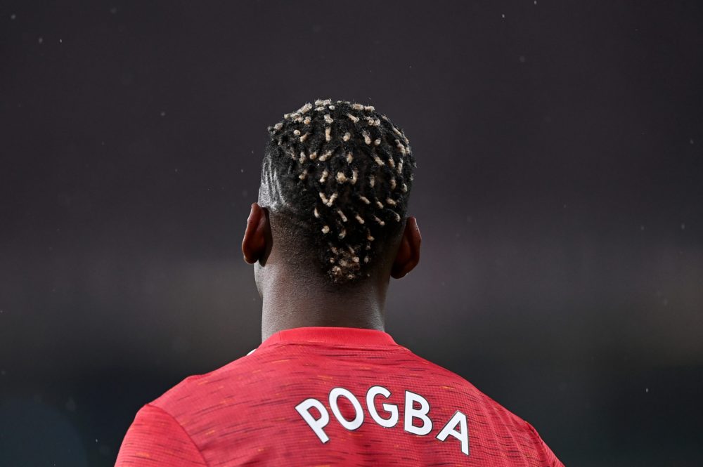MANCHESTER, ENGLAND - JANUARY 27: A detailed view of the hair style of Paul Pogba of Manchester United during the Premier League match between Manchester United and Sheffield United at Old Trafford on January 27, 2021 in Manchester, England. Sporting stadiums around the UK remain under strict restrictions due to the Coronavirus Pandemic as Government social distancing laws prohibit fans inside venues resulting in games being played behind closed doors. (Photo by Laurence Griffiths/Getty Images)
