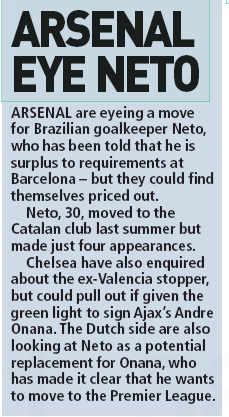 Sunday People 17 May 2020, ARSENAL are eyeing a move for Brazilian goalkeeper Neto, who has been told that he is surplus to requirements at Barcelona – but they could find themselves priced out.  Neto, 30, moved to the Catalan club last summer but made just four appearances.  Chelsea have also enquired about the ex-valencia stopper, but could pull out if given the green light to sign Ajax’s Andre Onana. The Dutch side are also looking at Neto as a potential replacement for Onana, who has made it clear that he wants to move to the Premier League.