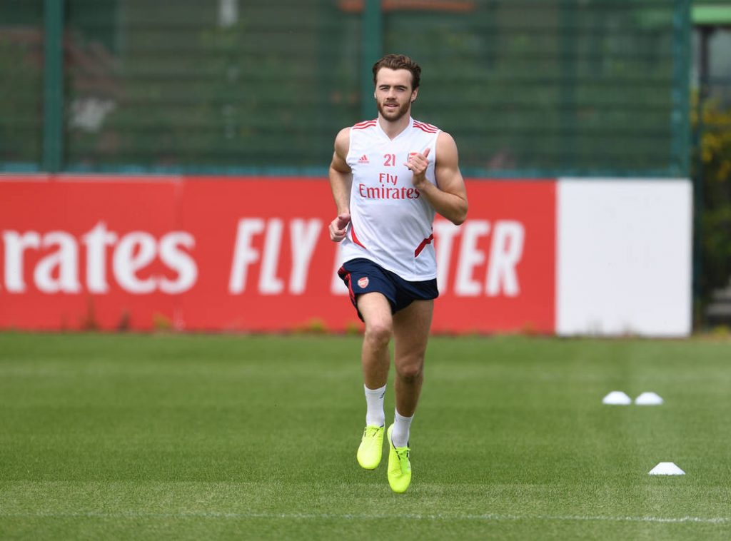 ST ALBANS, ENGLAND - MAY 26: of Arsenal during a training session at London Colney on May 26, 2020 in St Albans, England. (Photo by Stuart MacFarlane/Arsenal FC via Getty Images)