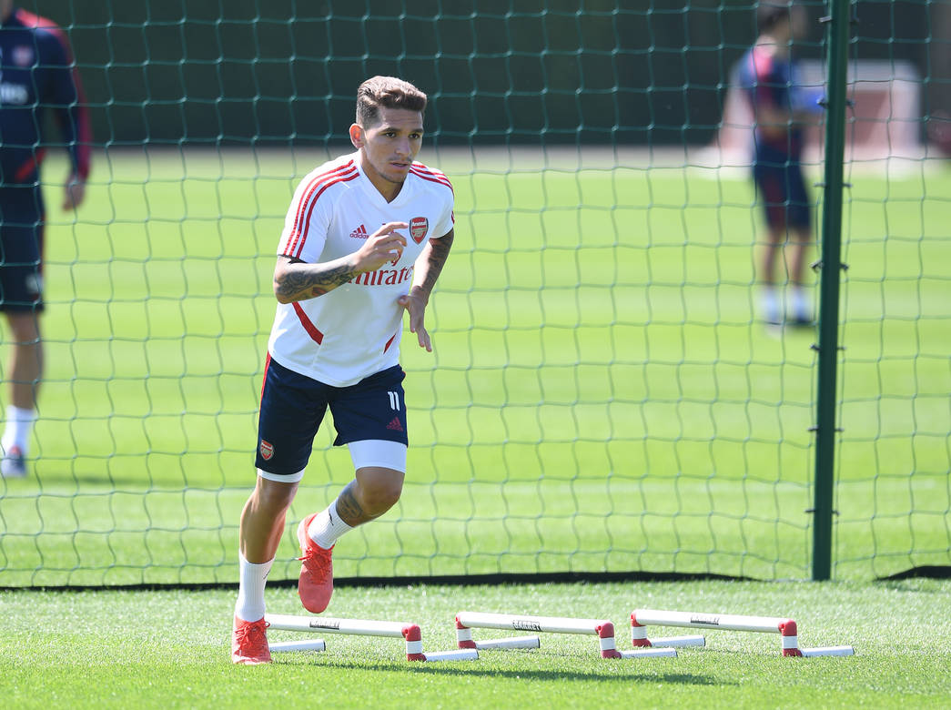 ST ALBANS, ENGLAND - MAY 30: Lucas Torreira of Arsenal during a training session at London Colney on May 30, 2020 in St Albans, England. (Photo by Stuart MacFarlane/Arsenal FC via Getty Images)