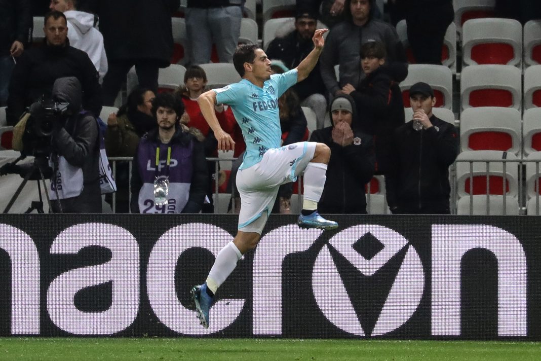 Monaco's French forward Wissam Ben Yedder celebrates after scoring a goal during the French L1 football match Nice against Monaco on March 7, 2020 at the Allianz Riviera stadium in Nice, southeastern France. (Photo by VALERY HACHE/AFP via Getty Images)