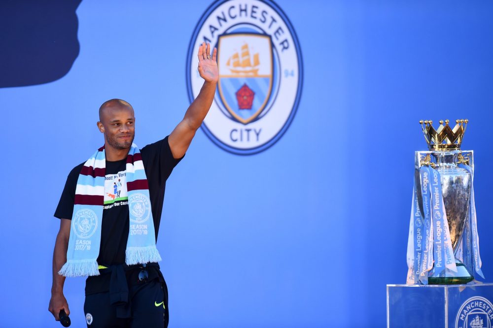 MANCHESTER, ENGLAND - MAY 20: Vincent Kompany of Manchester City acknowledges fans during the Manchester City Teams Celebration Parade on May 20, 2019 in Manchester, England. (Photo by Nathan Stirk/Getty Images)