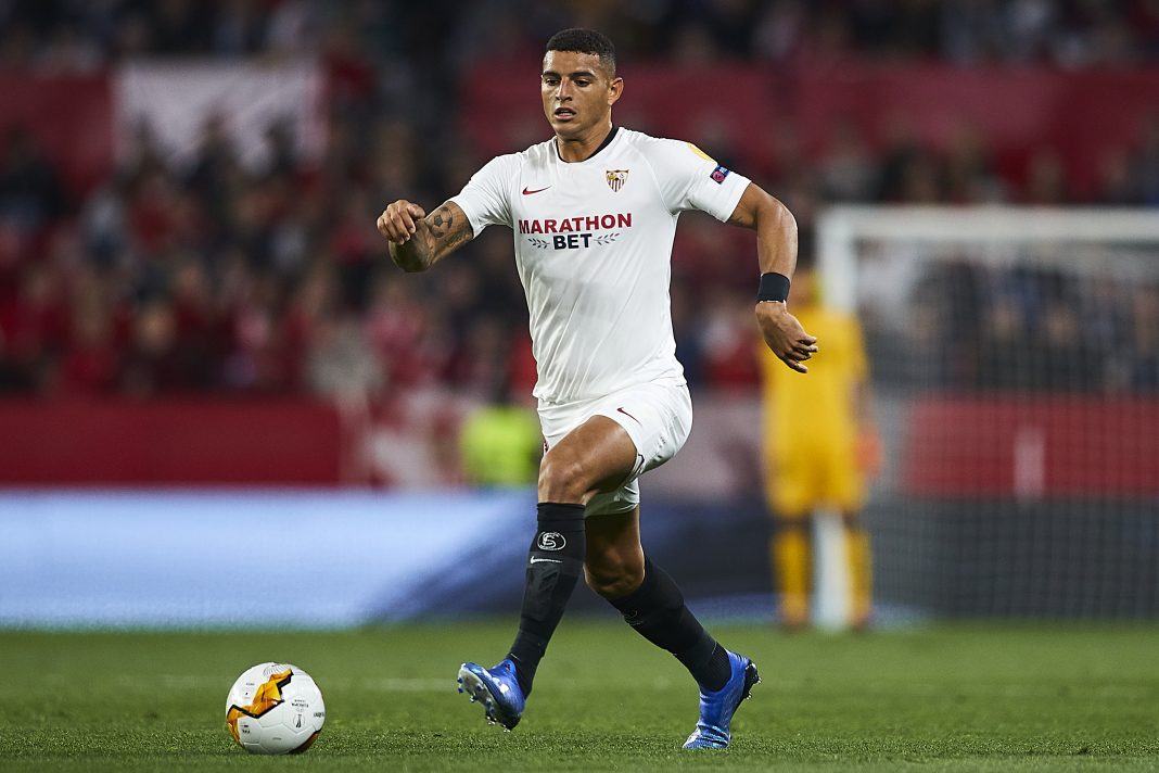 SEVILLE, SPAIN - FEBRUARY 27: Diego Carlos of Sevilla FC in action during the UEFA Europa League round of 32 second leg match between Sevilla FC and CFR Cluj at Estadio Ramon Sanchez Pizjuan on February 27, 2020 in Seville, Spain. (Photo by Fran Santiago/Getty Images)