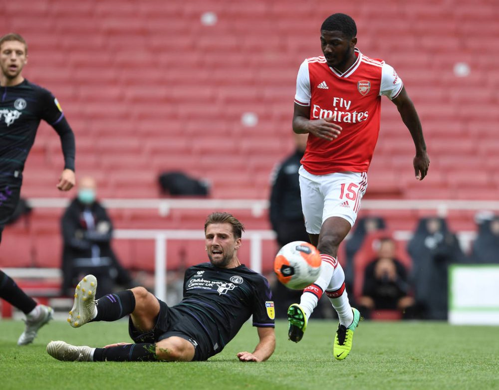 LONDON, ENGLAND - JUNE 06: Ainsley Maitland-Niles of Arsenal during a friendly match between Arsenal and Charlton Athletic at Emirates Stadium on June 06, 2020 in London, England. (Photo by Stuart MacFarlane/Arsenal FC via Getty Images)