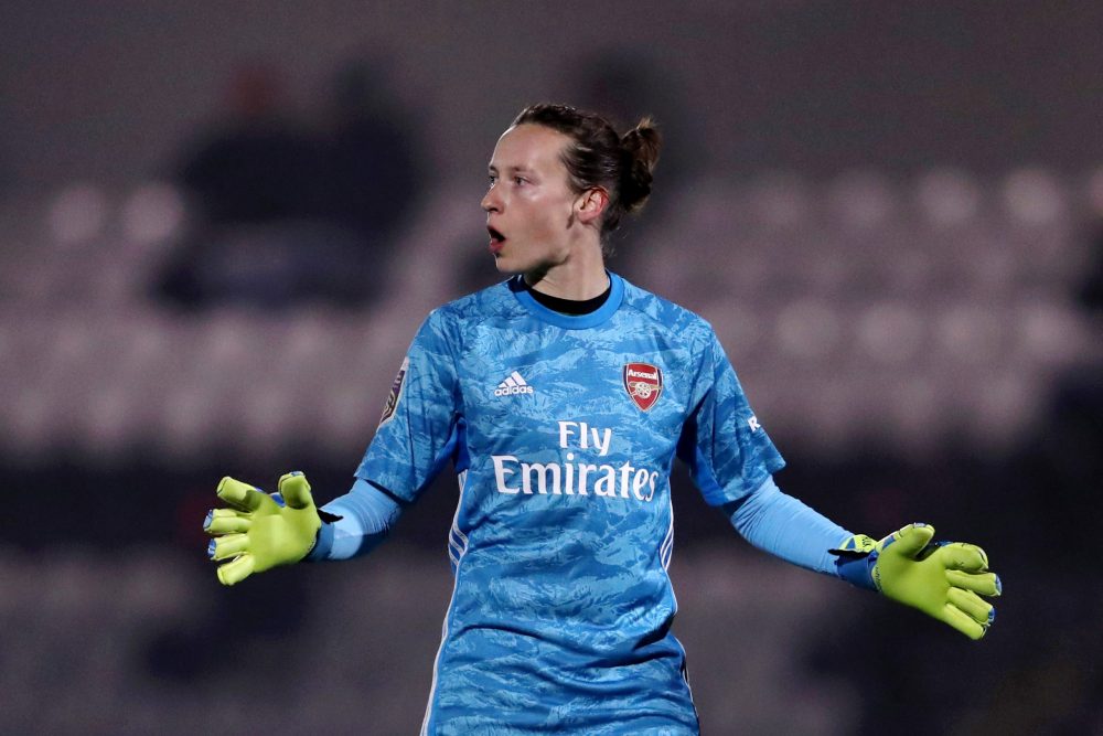 BOREHAMWOOD, ENGLAND - NOVEMBER 21: Pauline Peyraud-Magnin of Arsenal Women reacts during the FA Women's Continental League Cup game between Arsenal Women and Bristol City Women at Meadow Park on November 21, 2019 in Borehamwood, England. (Photo by Linnea Rheborg/Getty Images)