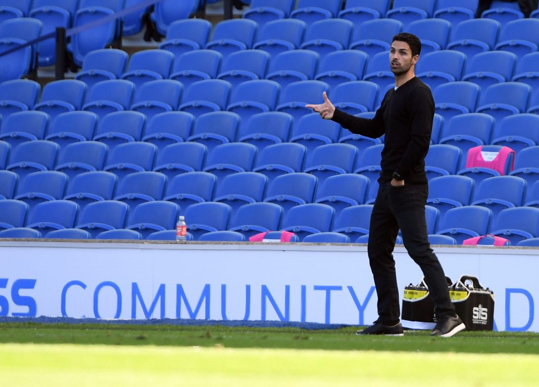 Arsenal's Spanish head coach Mikel Arteta gestures during the English Premier League football match between Brighton and Hove Albion and Arsenal at the American Express Community Stadium in Brighton, southern England on June 20, 2020. (Photo by Mike Hewitt / POOL / AFP) / RESTRICTED TO EDITORIAL USE. No use with unauthorized audio, video, data, fixture lists, club/league logos or 'live' services. Online in-match use limited to 120 images. An additional 40 images may be used in extra time. No video emulation. Social media in-match use limited to 120 images. An additional 40 images may be used in extra time. No use in betting publications, games or single club/league/player publications. / (Photo by MIKE HEWITT/POOL/AFP via Getty Images)