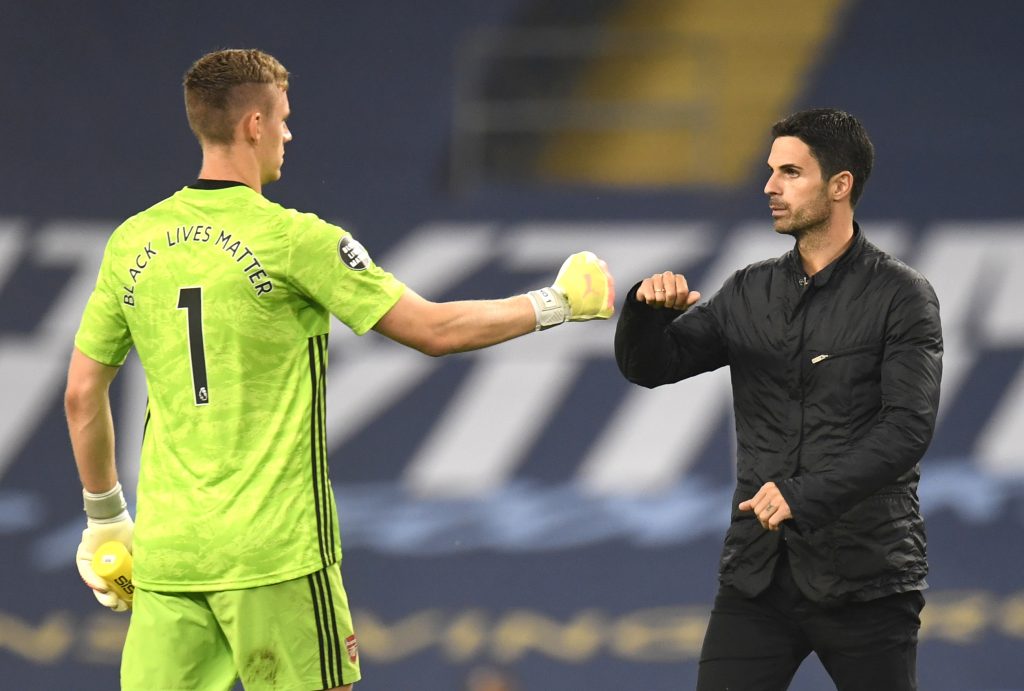 MANCHESTER, ENGLAND - JUNE 17: Mikel Arteta, Manager of Arsenal and Bernd Leno of Arsenal interact at full-time after the Premier League match between Manchester City and Arsenal FC at Etihad Stadium on June 17, 2020 in Manchester, United Kingdom. (Photo by Peter Powell/Pool via Getty Images)