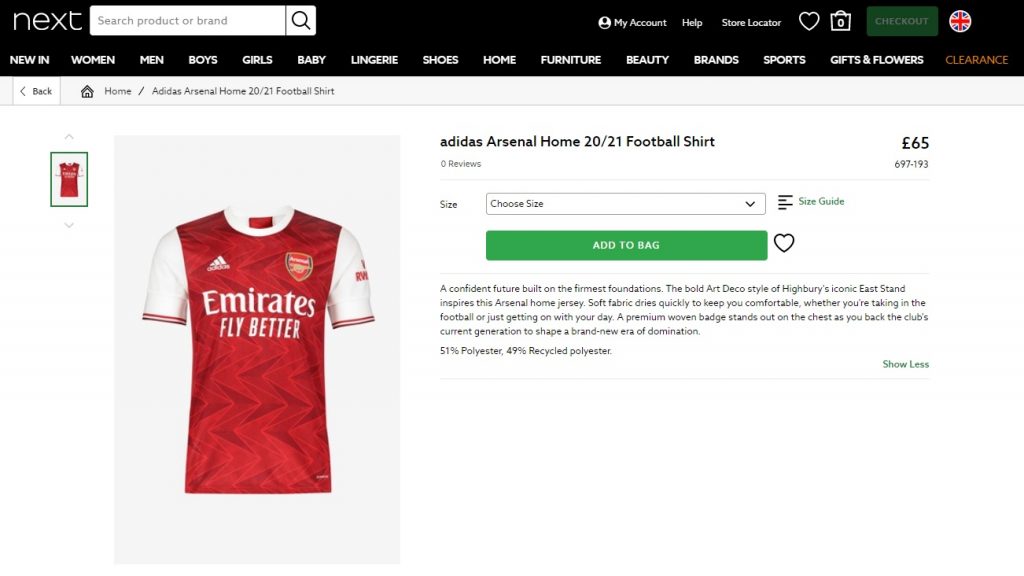 Arsenal 2020/21 Home Shirt on Next.co.uk