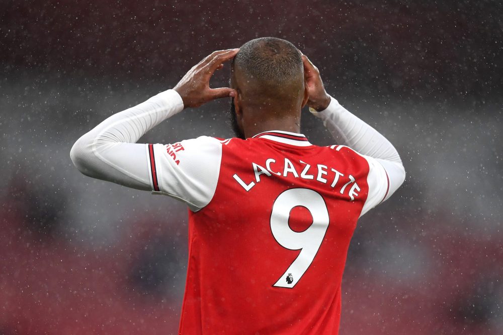 LONDON, ENGLAND - JULY 07: Alexandre Lacazette of Arsenal reacts during the Premier League match between Arsenal FC and Leicester City at Emirates Stadium on July 07, 2020 in London, England. Football Stadiums around Europe remain empty due to the Coronavirus Pandemic as Government social distancing laws prohibit fans inside venues resulting in all fixtures being played behind closed doors. (Photo by Michael Regan/Getty Images)