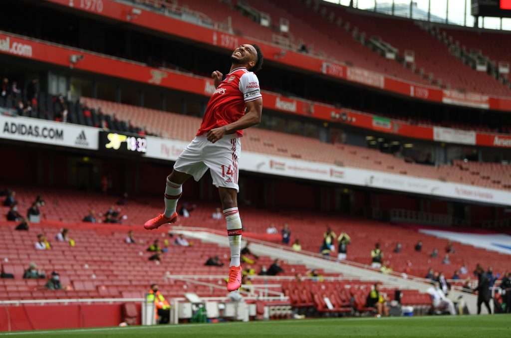 LONDON, ENGLAND - JULY 01: Pierre-Emerick Aubameyang of Arsenal celebrates after scoring the first goal during the Premier League match between Arsenal FC and Norwich City at Emirates Stadium on July 01, 2020 in London, England. (Photo by Shaun Botterill/Getty Images)