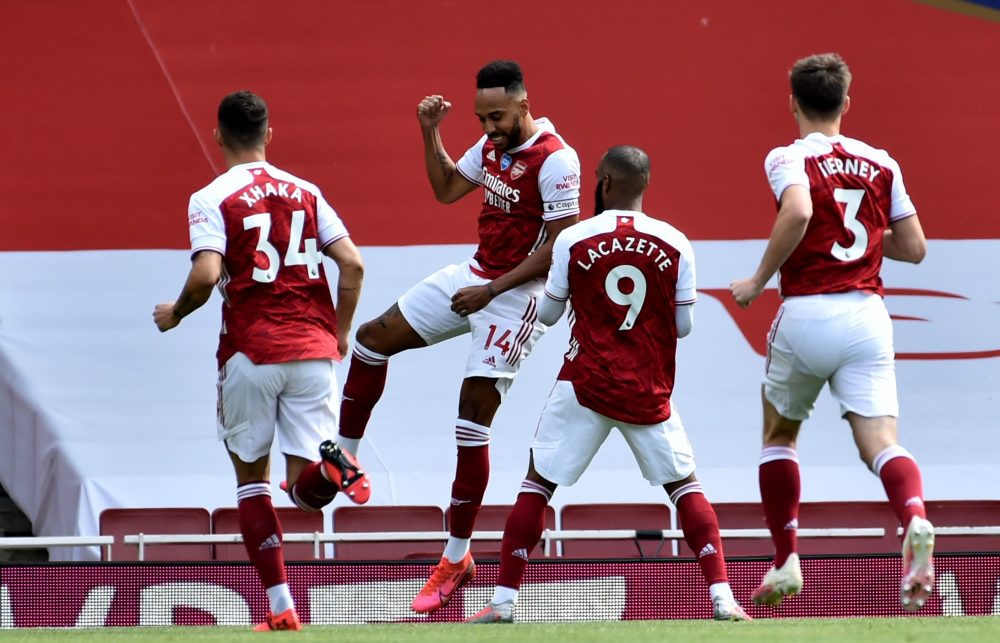 LONDON, ENGLAND - JULY 26: Pierre-Emerick Aubameyang of Arsenal celebrates scoring a penalty during the Premier League match between Arsenal FC and Watford FC at Emirates Stadium on July 26, 2020 in London, England. (Photo by Rui Vieira/Pool via Getty Images)