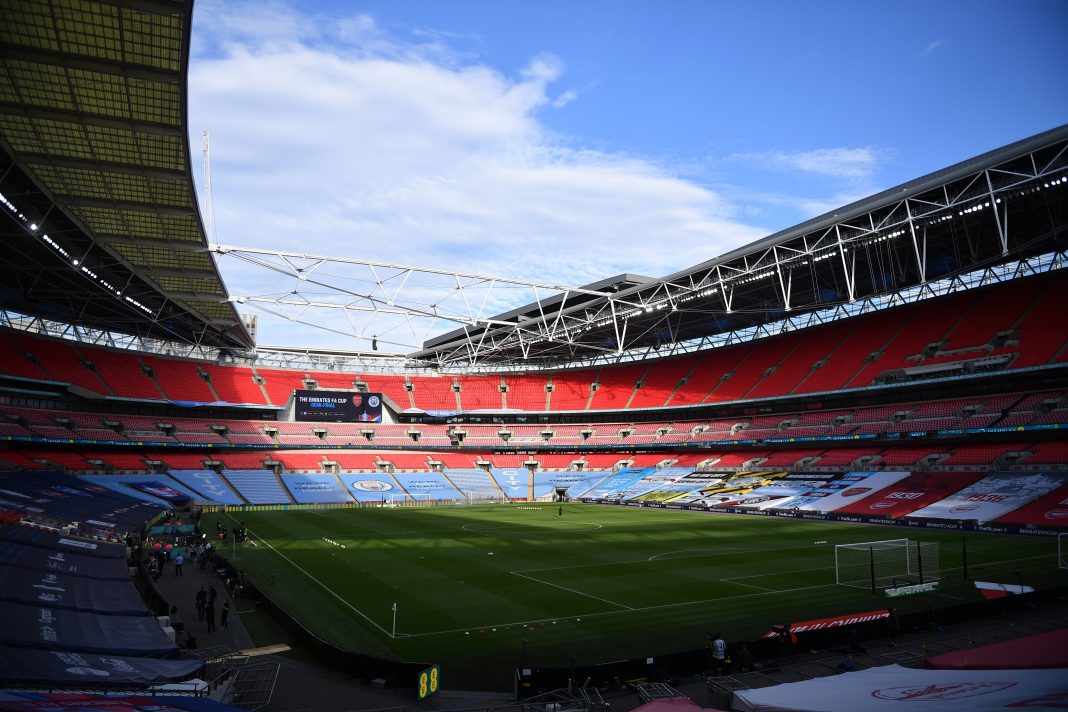 LONDON, ENGLAND - JULY 18: A general view inside the stadium prior to the FA Cup Semi Final match between Arsenal and Manchester City at Wembley Stadium on July 18, 2020 in London, England. Football Stadiums around Europe remain empty due to the Coronavirus Pandemic as Government social distancing laws prohibit fans inside venues resulting in all fixtures being played behind closed doors. (Photo by Justin Tallis/Pool via Getty Images)
